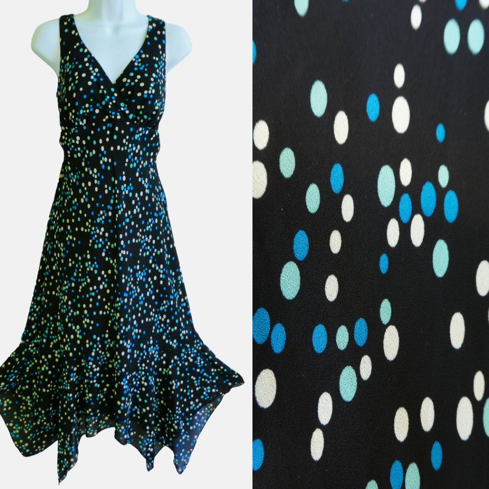 Vintage 90s Jonathan Martin Slip Dress Surplice Navy Geo Dots Handkerchief Hem 6